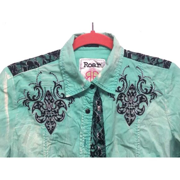 Roar Western Shirt Womens Sz L Slim Embroidered Rhinestones Cowgirl green black - Picture 3 of 12